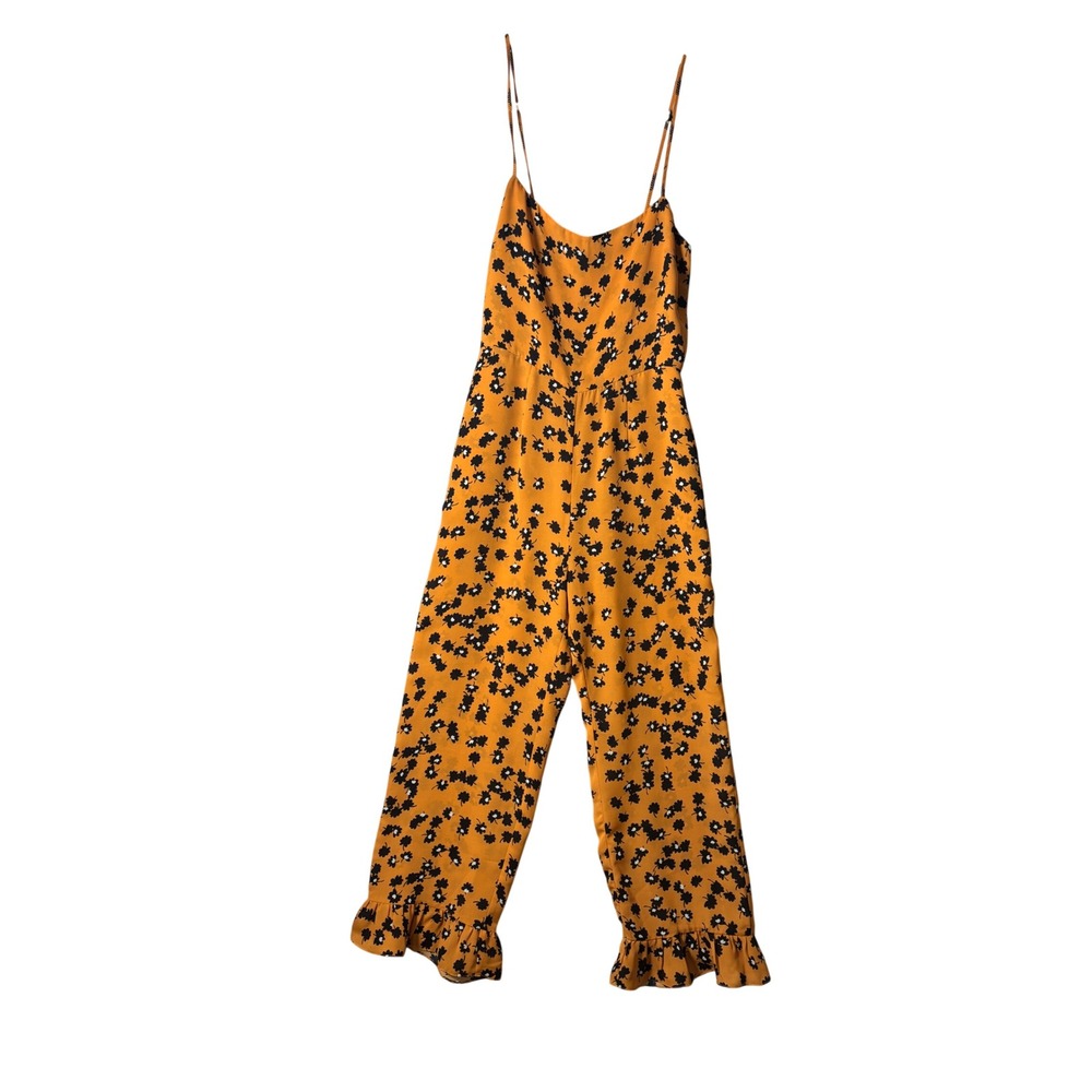 Saylor Womens Jumpsuit Small Yellow Floral Ruffle Hem Wide Leg Boho Cottagecore